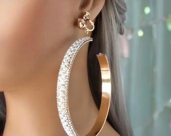 1 pair of HUGE CLIP ON C shape hoop earrings - 4.5" long gold tone with pearl & diamante - Rhinestone trim -  wide flat tube hoop earrings,