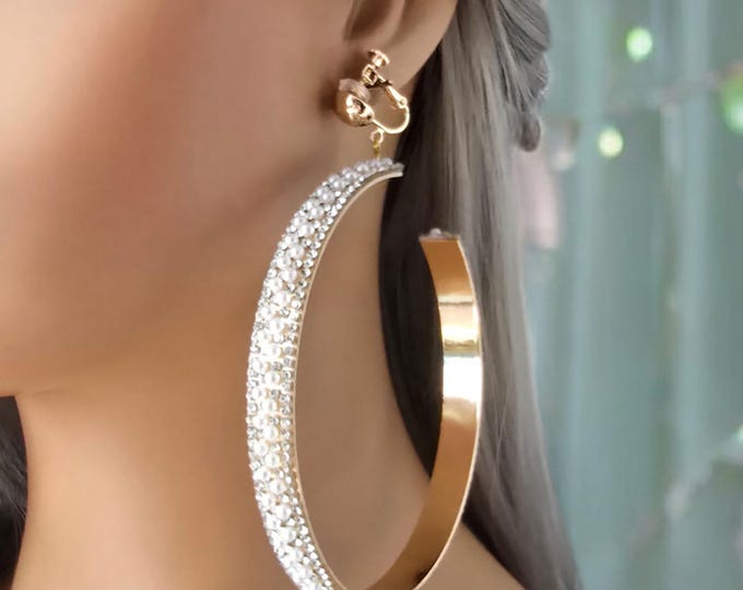 1 pair of HUGE CLIP ON C shape hoop earrings - 4.5" long gold tone with pearl & diamante - Rhinestone trim -  wide flat tube hoop earrings,