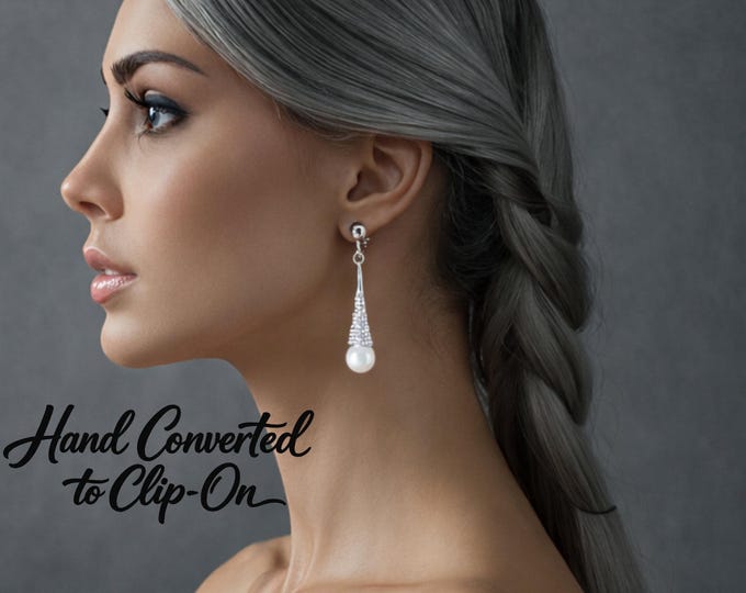 Diamante Faux Pearl Clip On Earrings – Silver Tone, 2.5" Drop