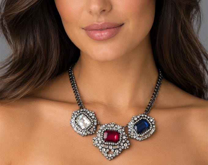 Statement Crystal Necklace, Red Blue Clear Rhinestone Necklace, Chunky Gunmetal Chain,   17" - 43cm