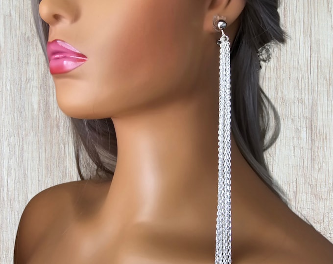 1 pair 8"  long Silver tone CLIP ON waterfall chain tassel drop earrings - non pierced or pierced & length options - Super long earrings!
