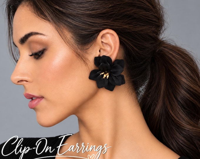 Black Flower Clip-On Earrings – Oversized Floral Statement Earrings – Gold Detail – Non-Pierced Ears – 2.2" – 5.5cm