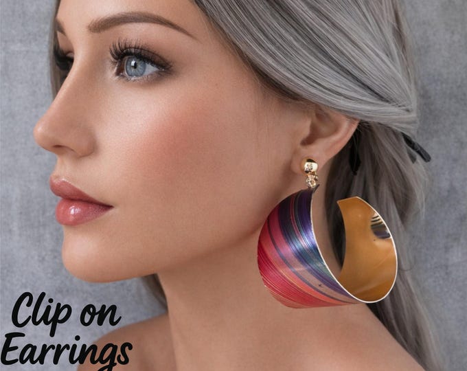 EXTRA Wide CLIP ON Rainbow  Hoop Earrings, Bold Colourful Chunky Gold Lined Statement Hoops, * Sold as 2nds