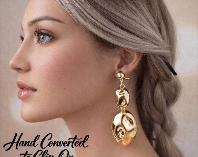 Long Bold Gold Tone Clip On Statement Earrings – 3.75" Long Modern Sculptural Drop
