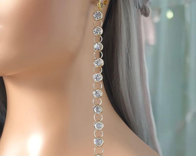 1 pair of 7.25" long gold tone CLIP ON - diamante, rhinestone, crystal waterfall - shoulder duster drop earrings for non pierced ears