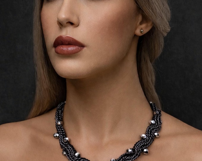 Gunmetal Braided Chain Necklace with Faceted Silver Beads – Chunky Dark Statement  Industrial Gothic Jewellery
