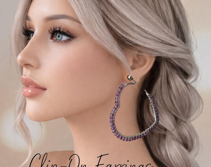 Clip-On Heart Hoop Earrings – Stainless Steel, Amethyst Beads  3.25" -  8.2cm