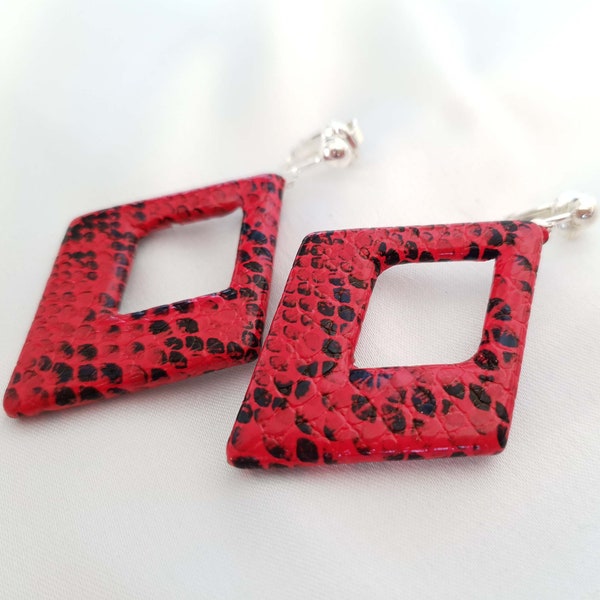 1 pair of 2.75" long RED & black faux leather animal  snake print diamond shape drop earrings Clip on - non pierced - pierced options