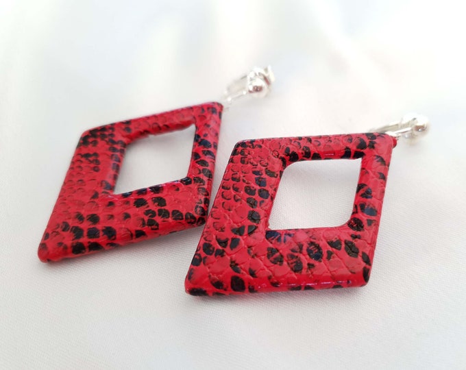 1 pair of 2.75" long RED & black faux leather animal  snake print diamond shape drop earrings Clip on - non pierced - pierced options