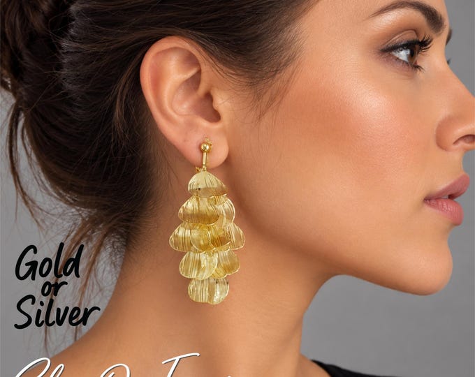 Clip On Chandelier Earrings,  Lightweight Layered Statement Earrings, Gold or Silver Tone, 2.75" - 7cm