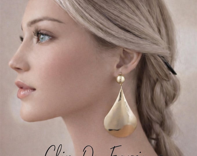 Gold Tone Clip On Earrings – Large Teardrop Statement Drop Non Pierced Earrings, 3.5" - 9cm
