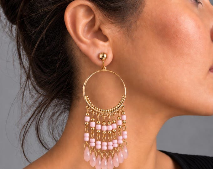 Clip On Pink & Gold Tone Chandelier Hoop Earrings – Large Boho Statement Earrings – Non Pierced Earrings – 4" - 10cm