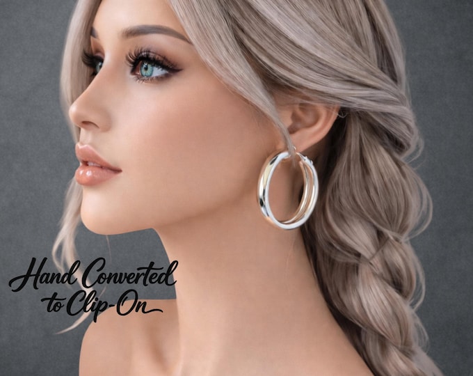 Large Silver Wide Hoop Earrings | 2" - Statement Polished Hoops | Lightweight Bold Clip-On  Earrings