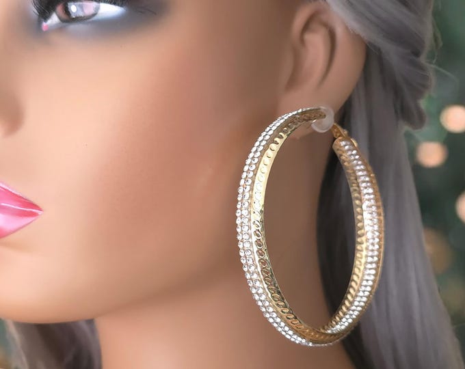 1 pair gold tone & diamante CLIP ON hoop earrings, 3" wide patterned tube hoops with sparkly rhinestone trim - clip on or pierced options