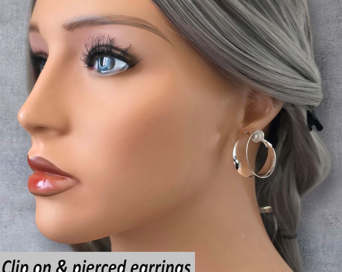 Sterling Silver Plated Clip-On Hoop Earrings | 1.25" Wide Concave Tube Hoops for Non-Pierced Ears | Comfortable Clip-On Earrings for Women