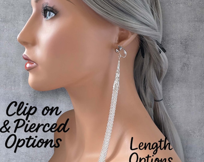 Long Silver Chain Tassel Earrings - Filigree Top – Clip-On or Pierced Options – Length Options Available