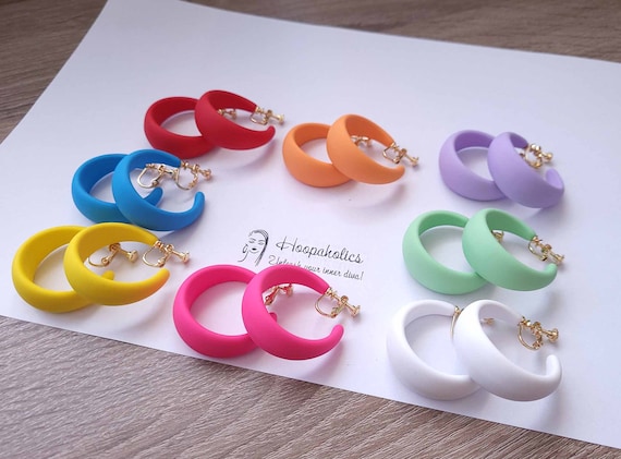 Bright Bold CLIP ON Hoop Earrings - 1.5