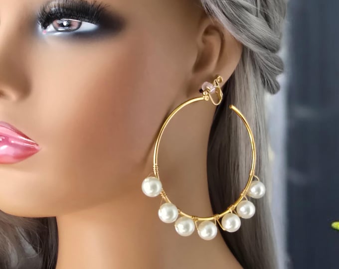 1 pair gold tone & pearl CLIP ON C style hoop earrings - 3" gold stainless steel hoops - Ivory faux pearl bead detail for non pierced ears