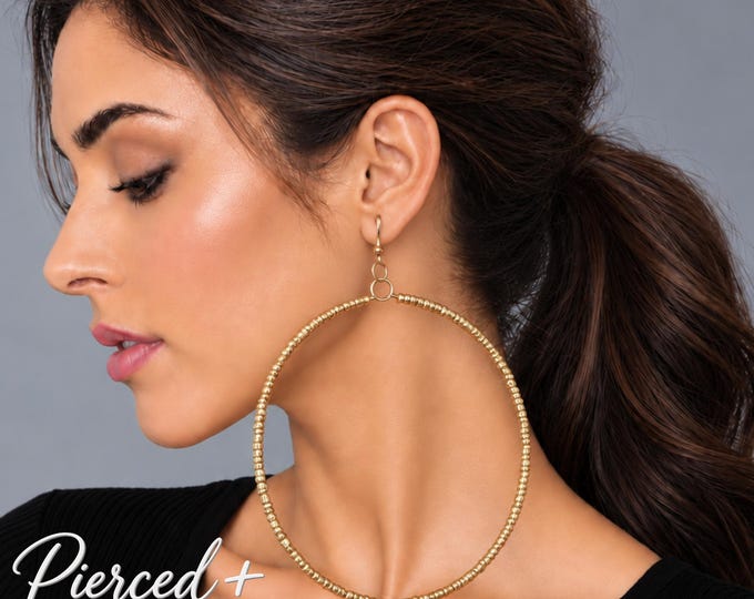 Extra Large Matt Gold Seed Bead Hoop Earrings – Oversized Statement Lightweight Boho Clip On or Pierced Earrings  – 5.5" - 14cm
