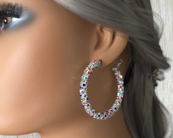 1 pair silver tone & colored diamante CLIP ON hoop earrings - 2" diameter silver tone hoops with sparkly multi color diamante - rhinestones
