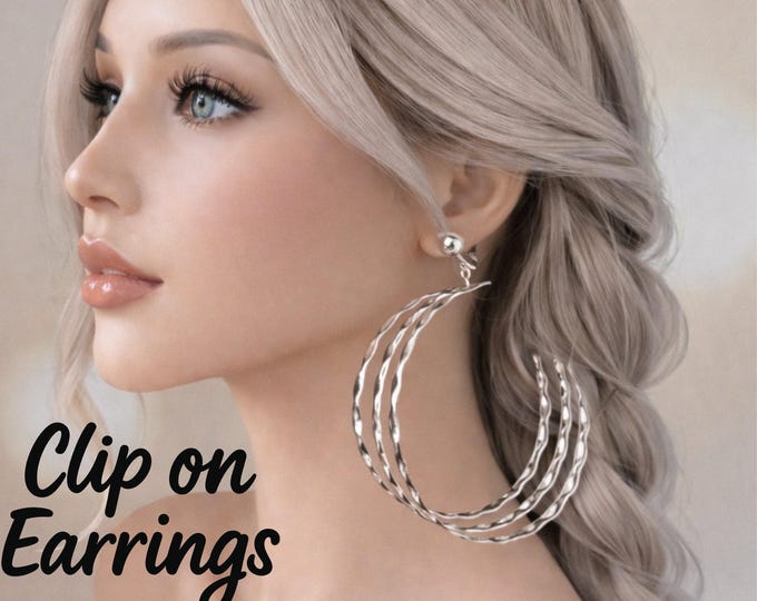 Silver Tone Triple Hoop Clip On Earrings – Large Bold Statement Textured Hoops
