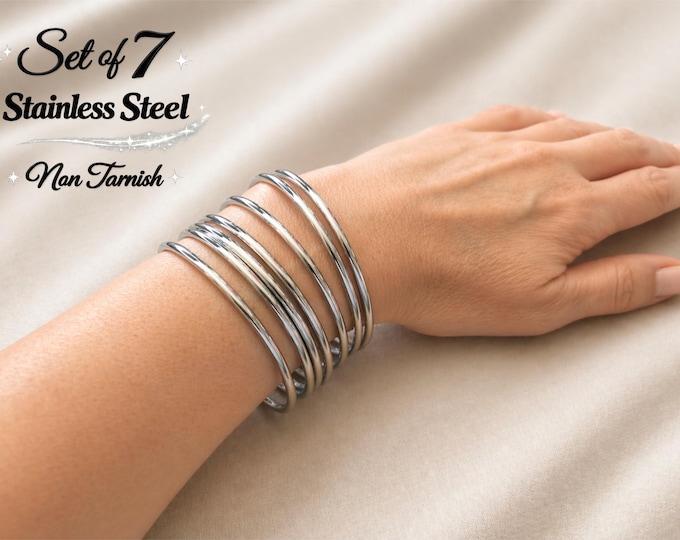 Set of 7 Stainless Steel Thin Stacking Bangles - Non Tarnish Minimalist Stacking Bracelets Inner Diameter 2.5" - 6.5cm
