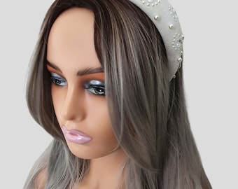 Beautiful 3cm wide soft padded pink velour with diamante & pearl bead detail -  headband - aliceband