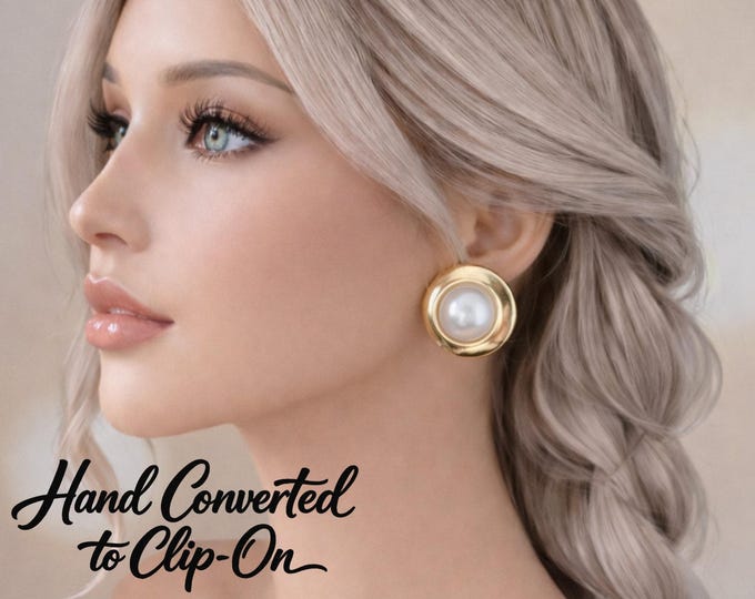 Gold Tone & Pearl Clip On Earrings – Vintage Style Statement Studs for Non Pierced Ears