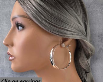 Clip on hoop earrings - 2.25" Sterling silver plated wide concave tube hoop earrings for non pierced ears, clip on hoops, clip on earrings