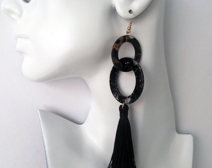 5.5" extra long black - gold colour resin & thread tassel drop earrings - Clip on for none pierced ears or pierced options