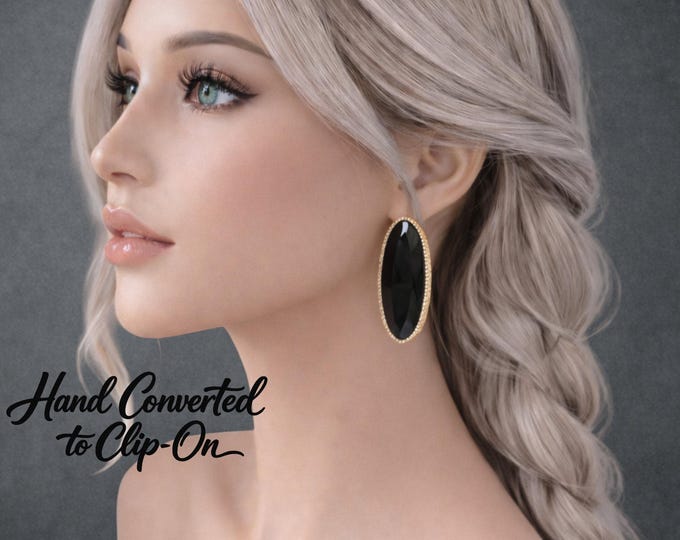 Black Enamel & Gold Tone Oval Clip-On Earrings – Lightweight Statement Earrings – Non-Pierced Ears