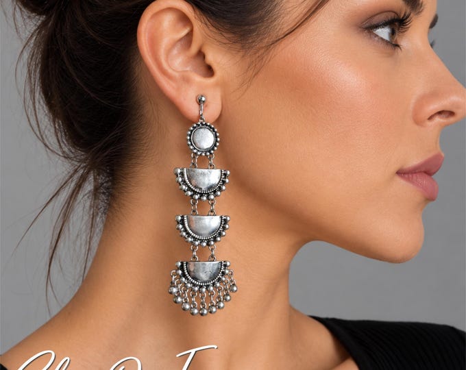 Clip On Silver Tone Chandelier Earrings – Long Boho Statement Earrings – Antique Silver Tribal Dangle Earrings – 3.75" – 9.5cm