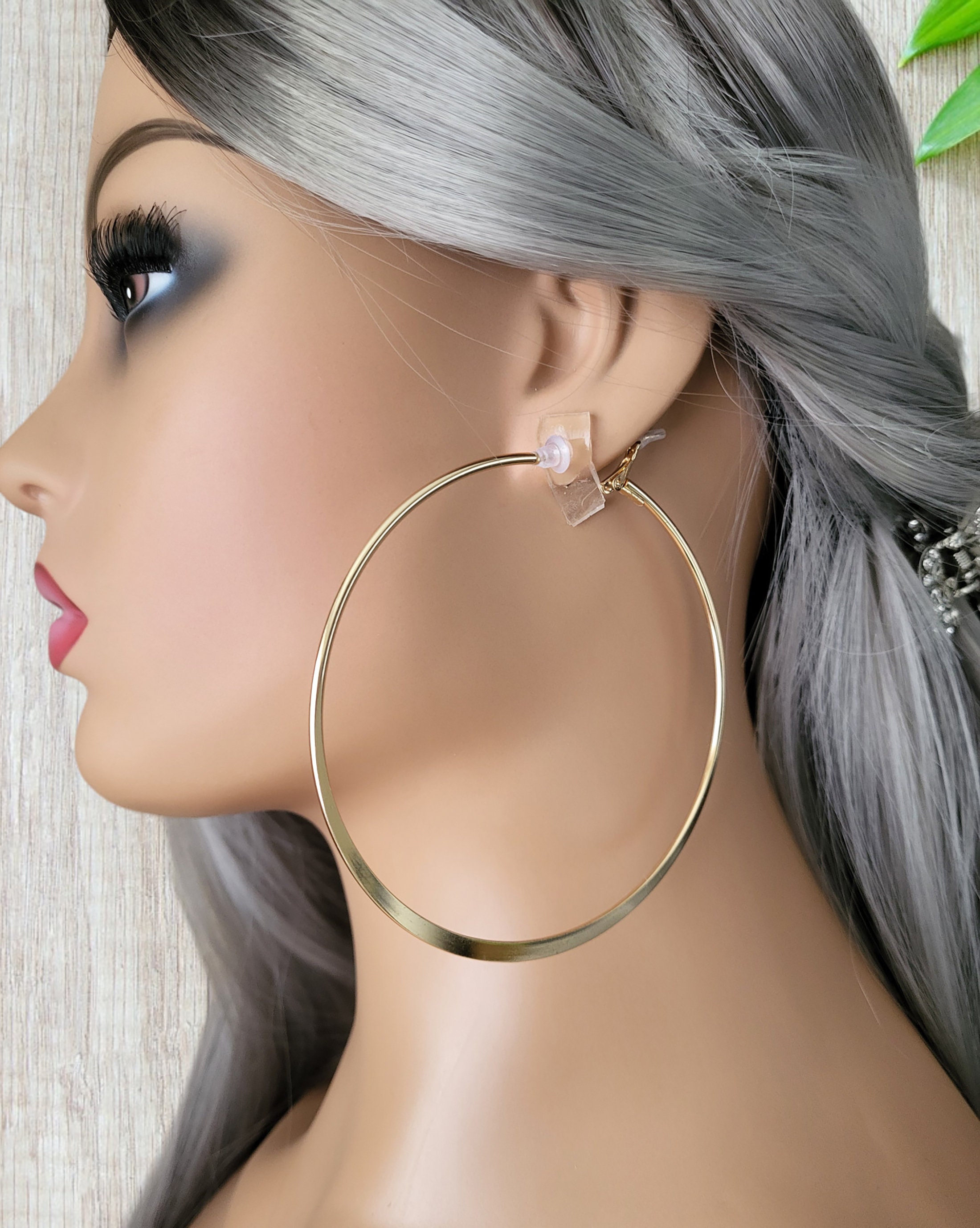 Retro Clip-On Large Hoop Earrings – Silver Tone, Non-Pierced, Dangle Drop Hoops