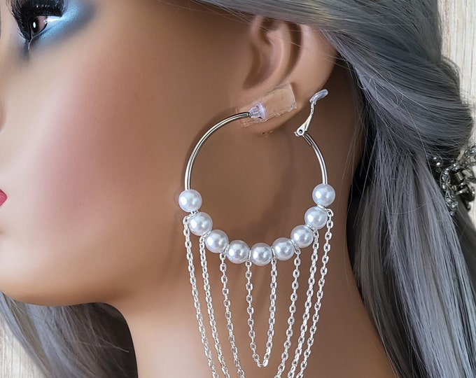 1 pair of CLIP ON hoop earrings - 4" long silver tone & pearl bead chain drape design hoop earrings - clip on or pierced options