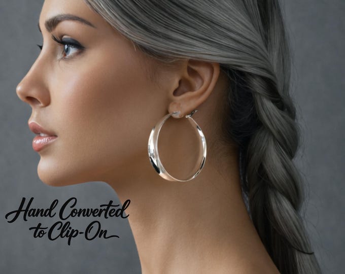 Sterling Silver Plated Clip-On Hoop Earrings | 2.25" Wide Concave Tube | Comfortable Non-Pierced Earrings