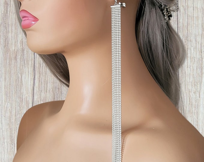 Long chain clip on earrings - 1 pair 10" long Silver waterfall ball chain tassel  drop earrings - clip on - non pierced or pierced options