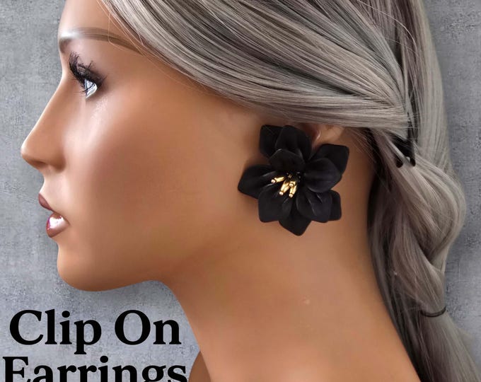 1 pair large acrylic flower design CLIP ON stud earrings - 2.2"  Black frosted acrylic 3D flower statement ear studs - non pierced ears