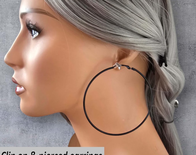 CLIP ON hoop earrings - 3.1" Thin Wire Black Clip-On Hoop Earrings – Large Non-Pierced Statement Earrings - Pierced or Non Pierced Hoops
