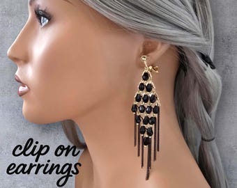 Clip On Long Drop Earrings | 4.5" Black & Gold Chandelier Statement Earrings | Non Pierced Ears |  Layered Bead Drop Earrings | Elegant Gift