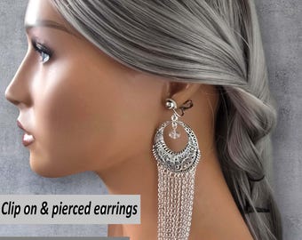 Clip on drop earrings, Long silver tone & waterfall chain earrings for pierced or non pierced ears, Length options, Beautiful long earrings