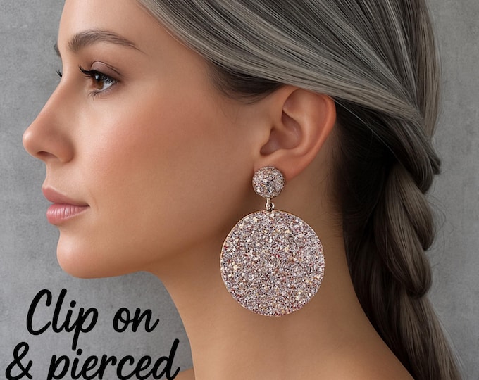 Glitter Circle Clip-On Earrings – Lightweight Resin Statement Dangle Earrings for Non-Pierced Ears | Oversized Sparkly Party Earrings