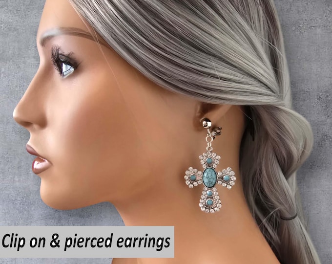 CLIP ON drop earrings, 2.75" long silver tone, diamante & turquoise cross earrings, non pierced earring, earring clips, pierced options