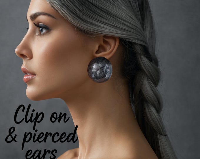 Big Chunky Black & Grey Swirl Resin Top Clip-On Stud Earrings | Statement Dome Earrings | Lightweight Round Clip-Ons for Non-Pierced Ears