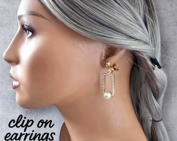 Elegant Gold Rectangle Pearl Earrings – Dangle Clip-On Earrings with Rhinestones, Minimalist Geometric Jewelry,  Bridal Accessories