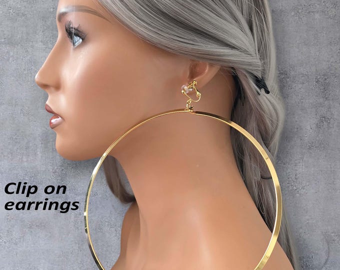 Oversized Gold Hoop Earrings Clip On – Huge 6.5" Statement Hoops for Women, Gold Tone Stainless Steel Drop Earrings, Pierced or Non-Pierced
