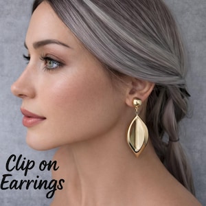 May include: Gold-coloured clip-on earrings with a leaf-like design. The earrings are suspended from a small, round stud. The image also includes the text "Clip on Earrings".