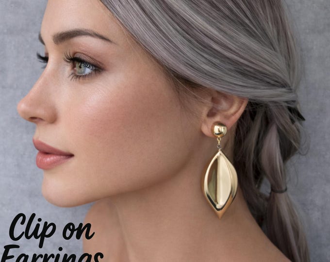 Clip On Teardrop Drop Earrings, Sleek Smooth Polished Gold Tone Earrings, Modern  Glam Lightweight Statement Jewellery