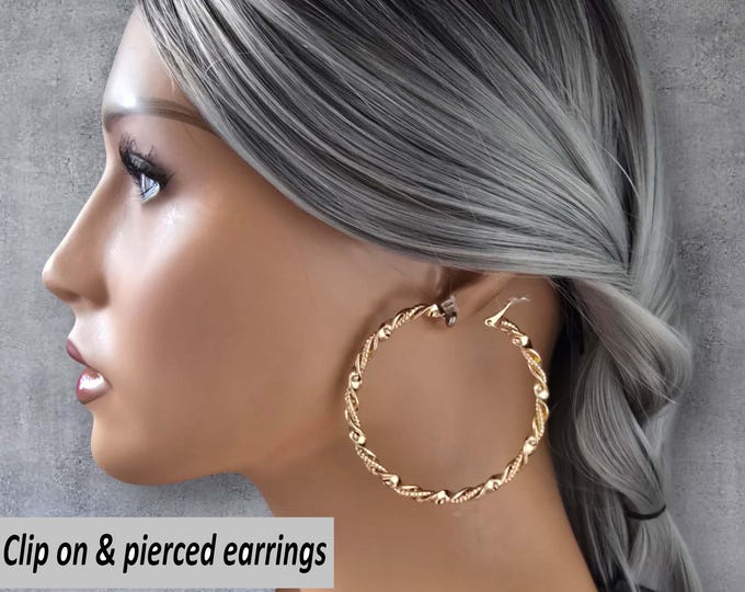 CLIP ON hoop earrings - 2.5" gold tone twisted design big hoop earrings for non pierced ears, ear clips, large gold clip on hoop earrings