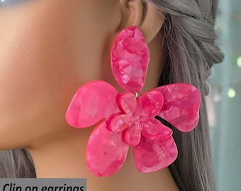 1 pair large acrylic flower design CLIP ON stud earrings - 4" long hot pink  big statement ear studs - non pierced ears, clip on earrings