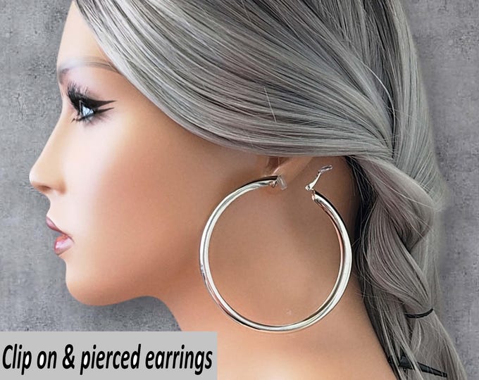 CLIP ON hoop earrings - 3" silver tone wide chunky tube hoop earrings, square tube, big statement earrings, pierced or non pierced ears